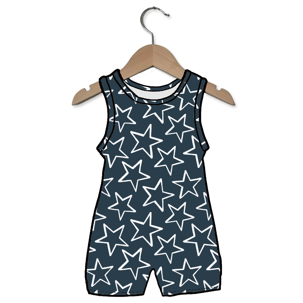 Children's sleeveless romper with star pattern on a hanger against a white background