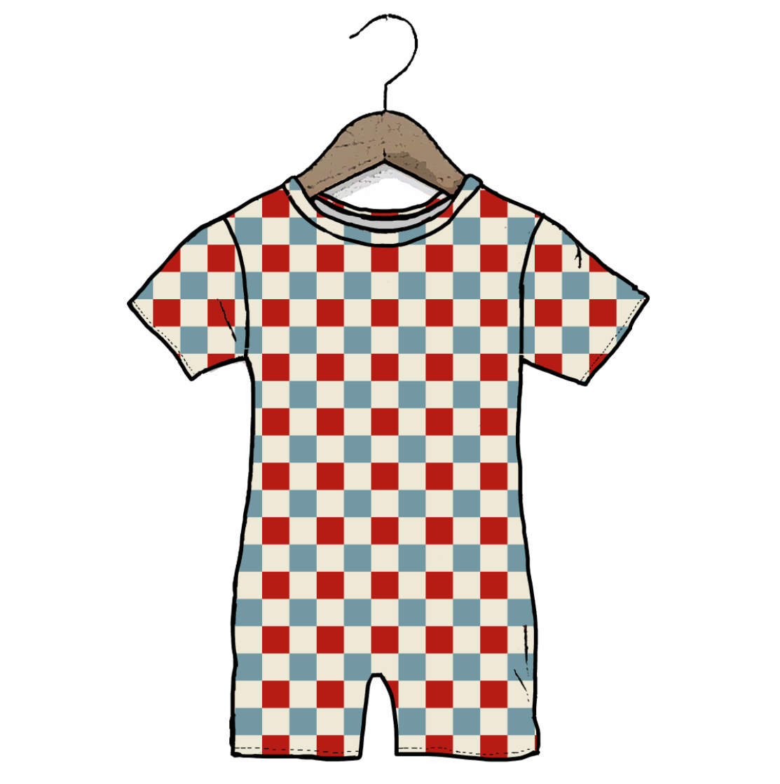 Checkered baby romper on a hanger against a white background