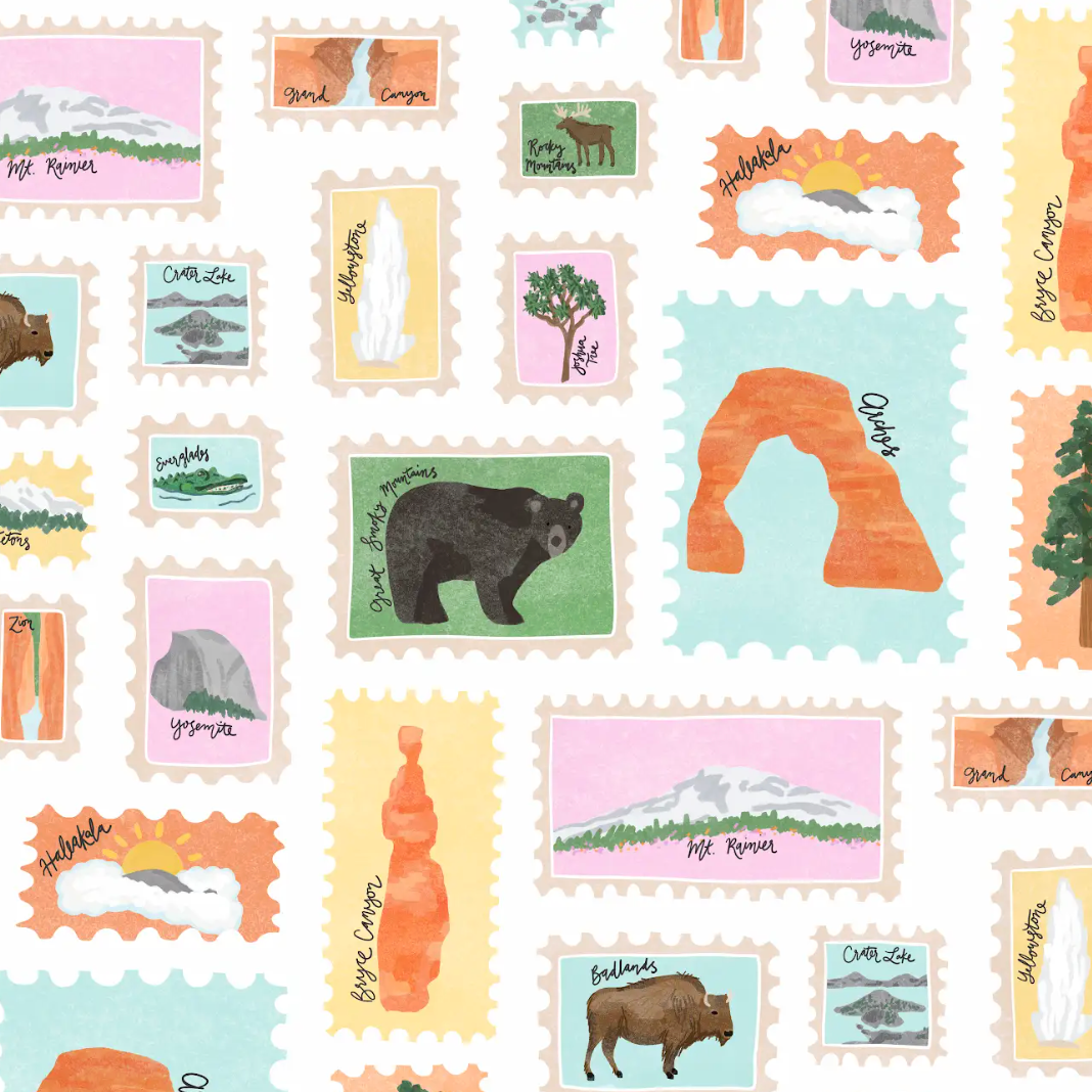 Collection of illustrated postage stamps featuring nature scenes and animals on a white background.