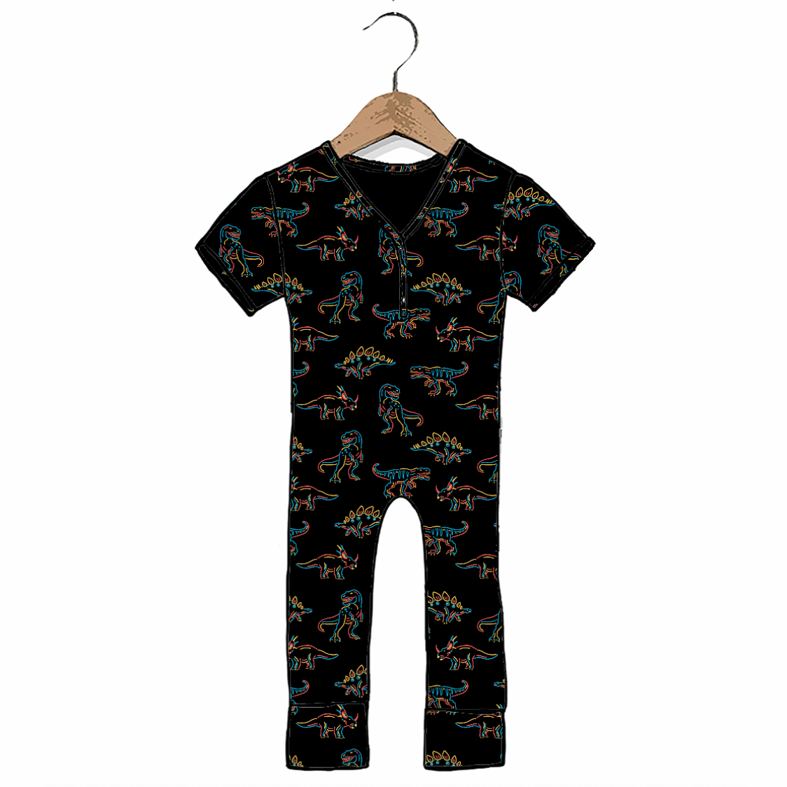 A baby short-sleeve romper in black with an all-over colorful dinosaur print, hanging on a wooden hanger against a plain white background.