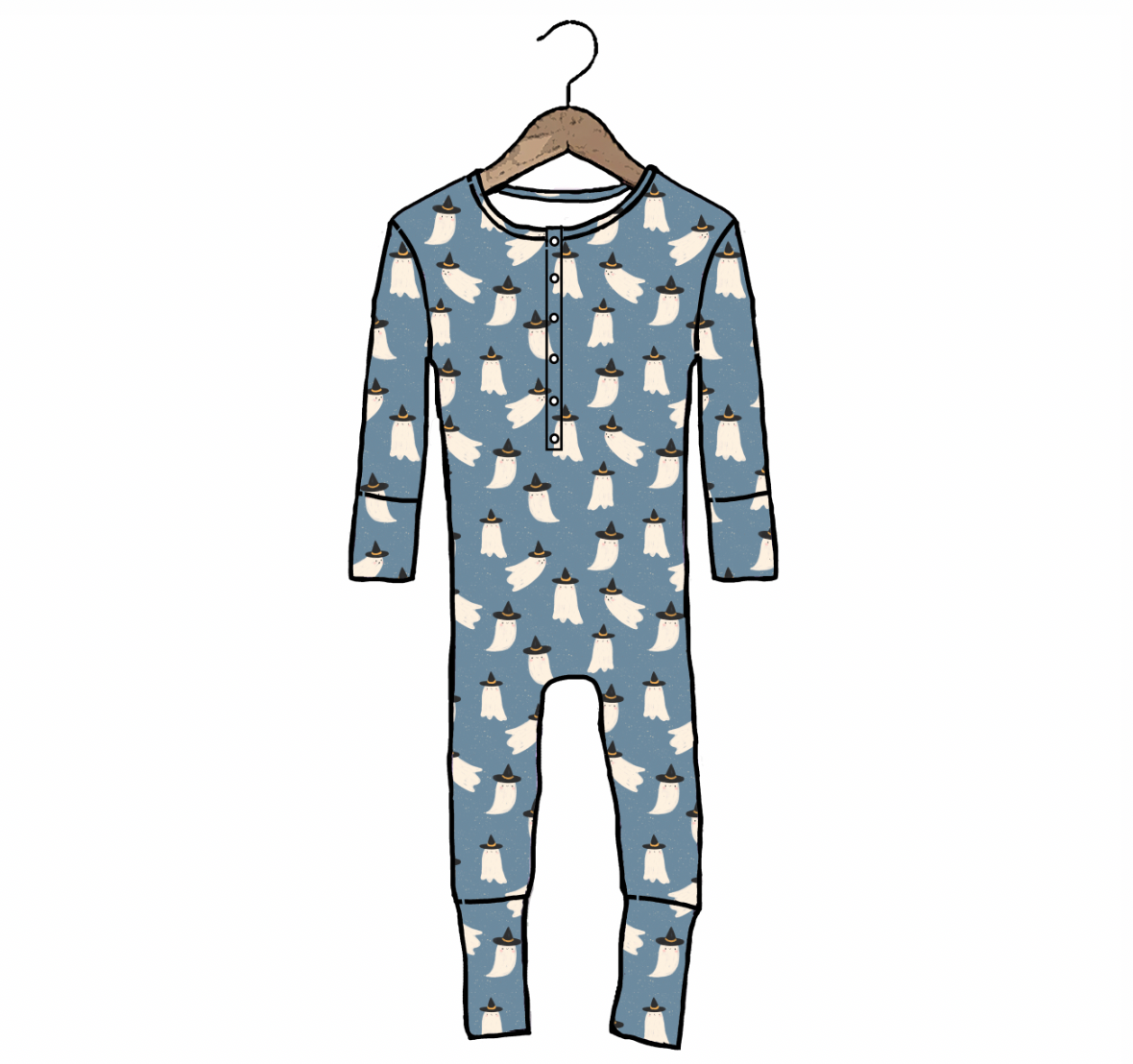 A long-sleeve baby jumpsuit in dusty blue with an all-over white ghost pattern, hanging on a wooden hanger against a plain white background.