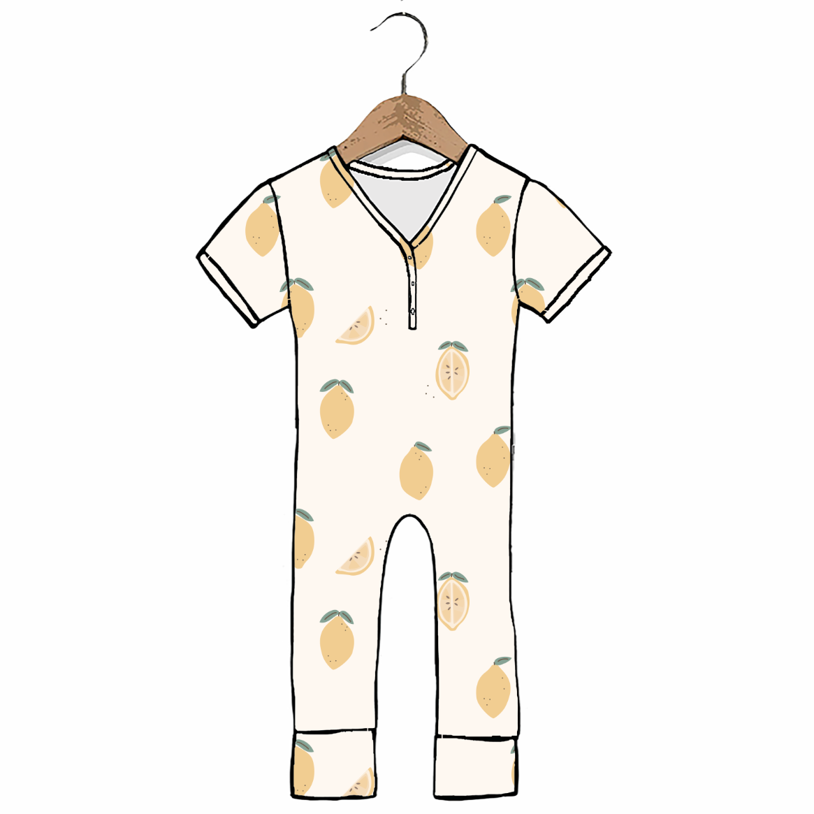 A baby short-sleeve one-piece jumpsuit with a V-neck and zipper, featuring a light beige lemon print, shown on a wooden hanger against a white background.