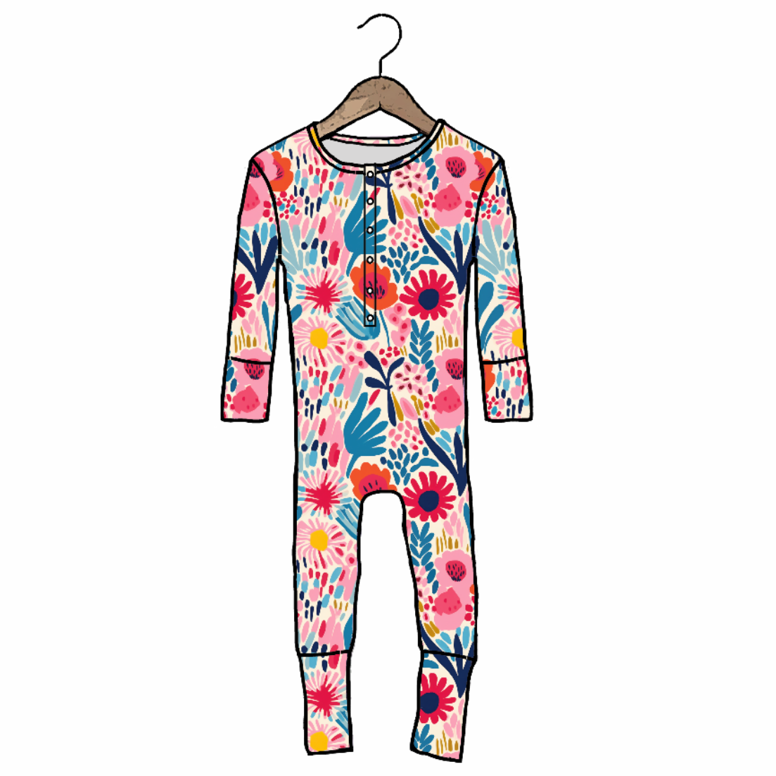A long-sleeve baby jumpsuit with a vibrant multicolor floral and botanical pattern, hanging on a wooden hanger against a plain white background.