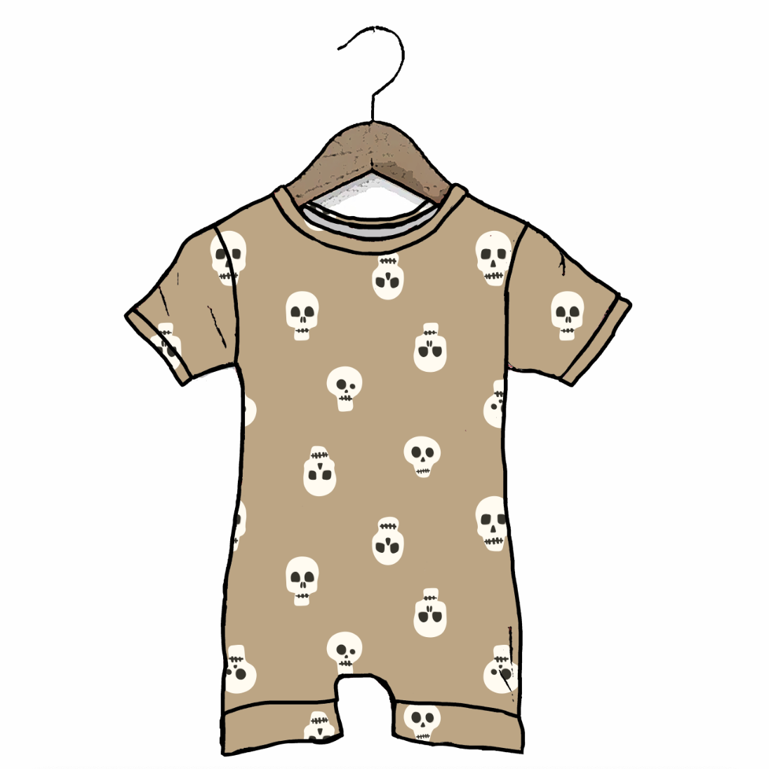 A short-sleeve baby romper in tan with an all-over white skull and crossbones pattern, shown hanging on a wooden hanger against a plain white background.