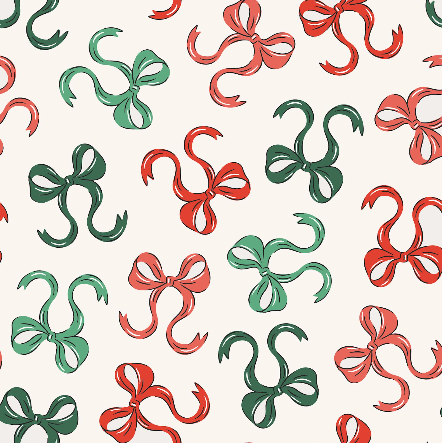 A repeating pattern of stylized ribbon bows in red and green on a warm off-white background.