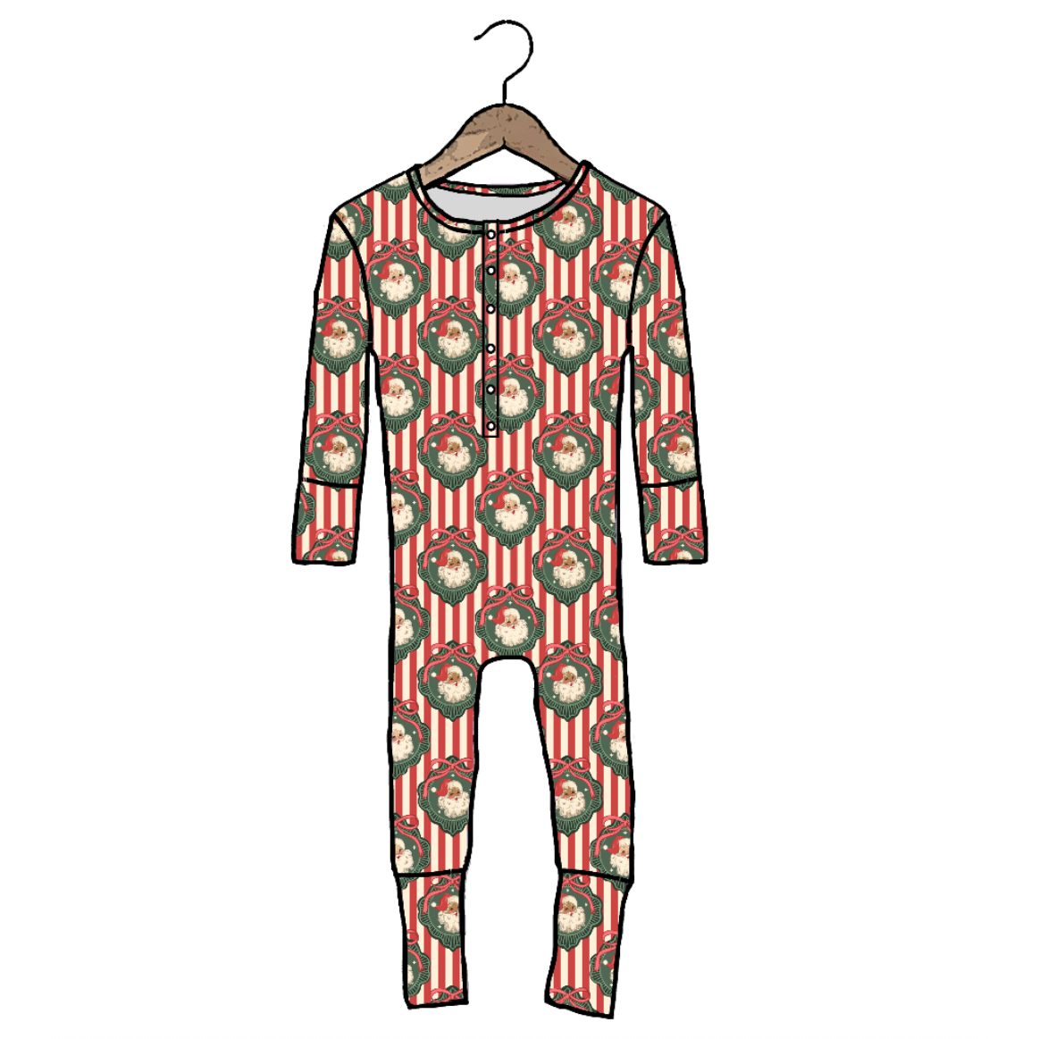 A long-sleeve one-piece baby jumpsuit with a festive Christmas pattern of red and white vertical stripes and green wreaths with Santa silhouettes, shown hanging on a wooden hanger against a plain white background.