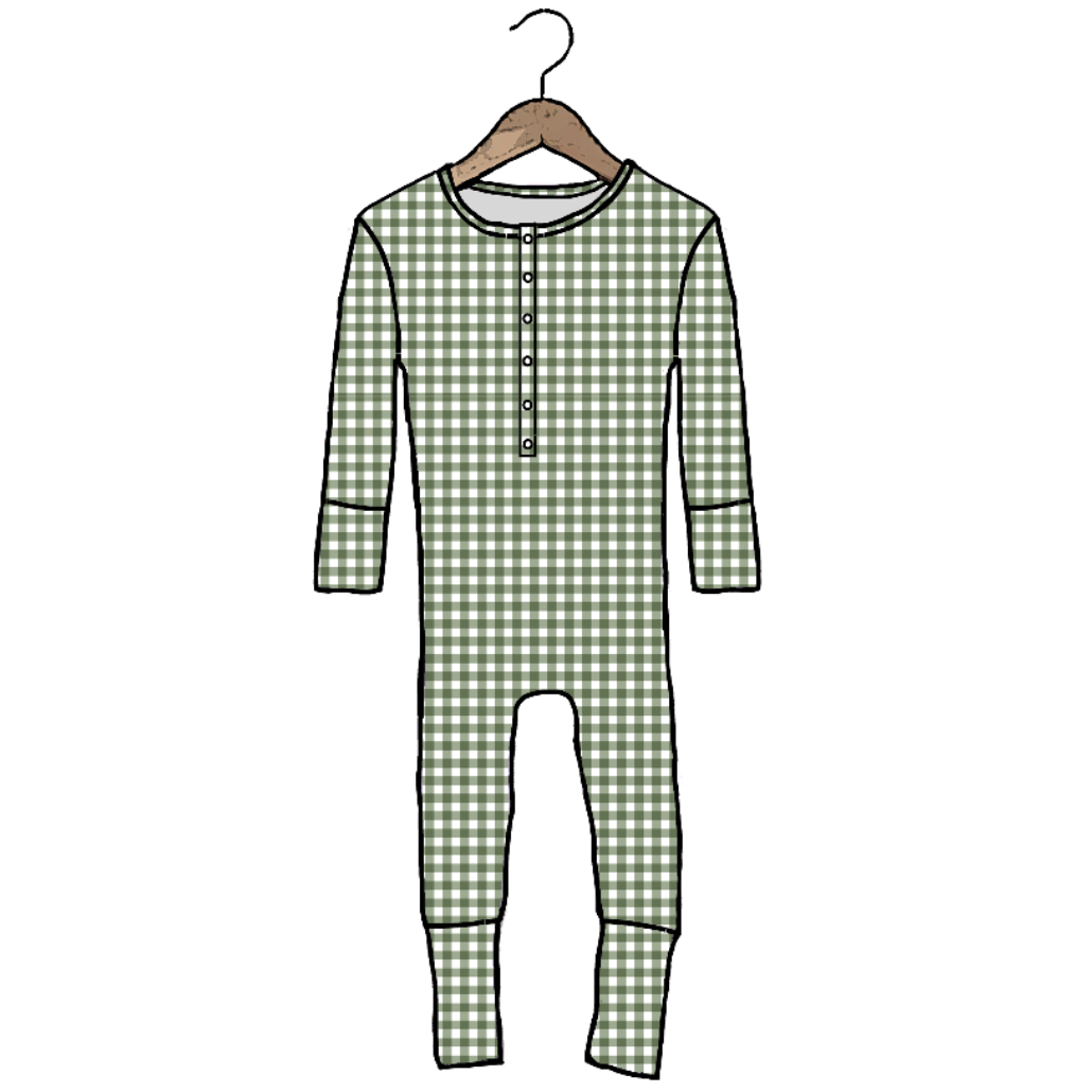 A long-sleeve one-piece baby romper with a green and white gingham check pattern, featuring a short button placket and a crew neckline, shown hanging on a wooden hanger against a white background.