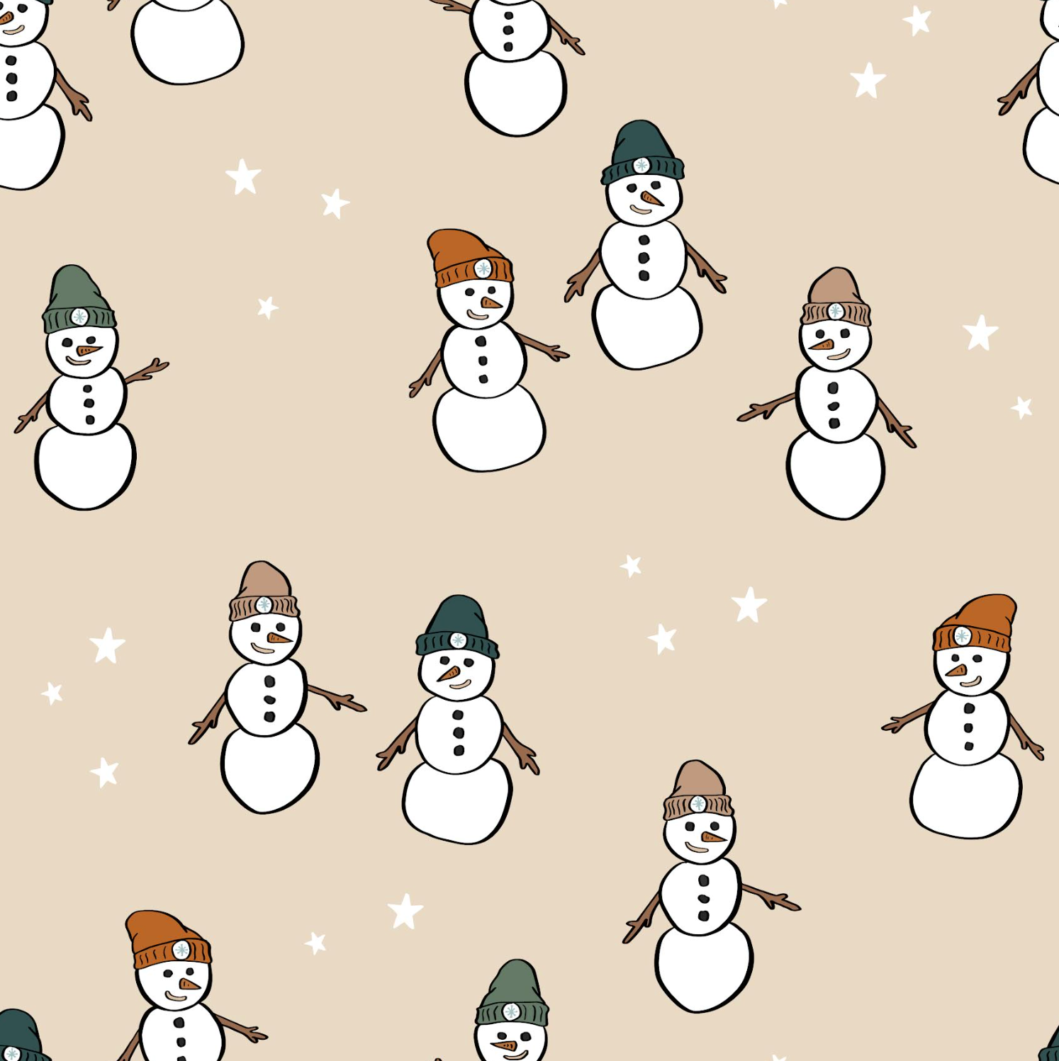 A repeating pattern of hand-drawn snowmen wearing green, brown, and dark green hats, set against a solid beige background with small white stars.