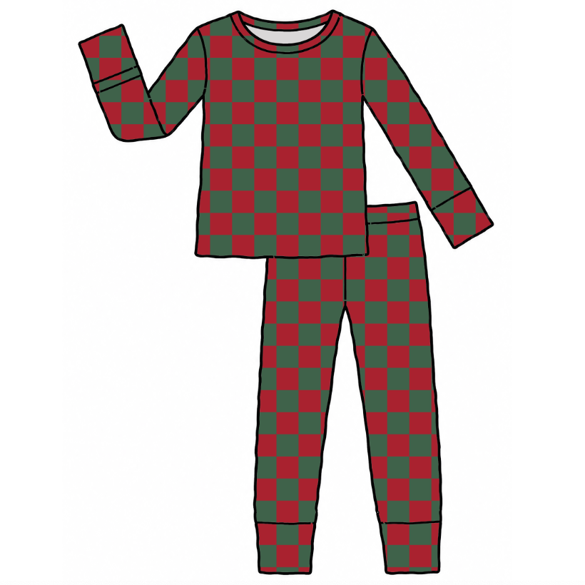A two-piece pajama set shown as a flat vector illustration on a white background. The set includes a long-sleeve crewneck top and matching pants, both featuring a red and dark green checkerboard pattern.
