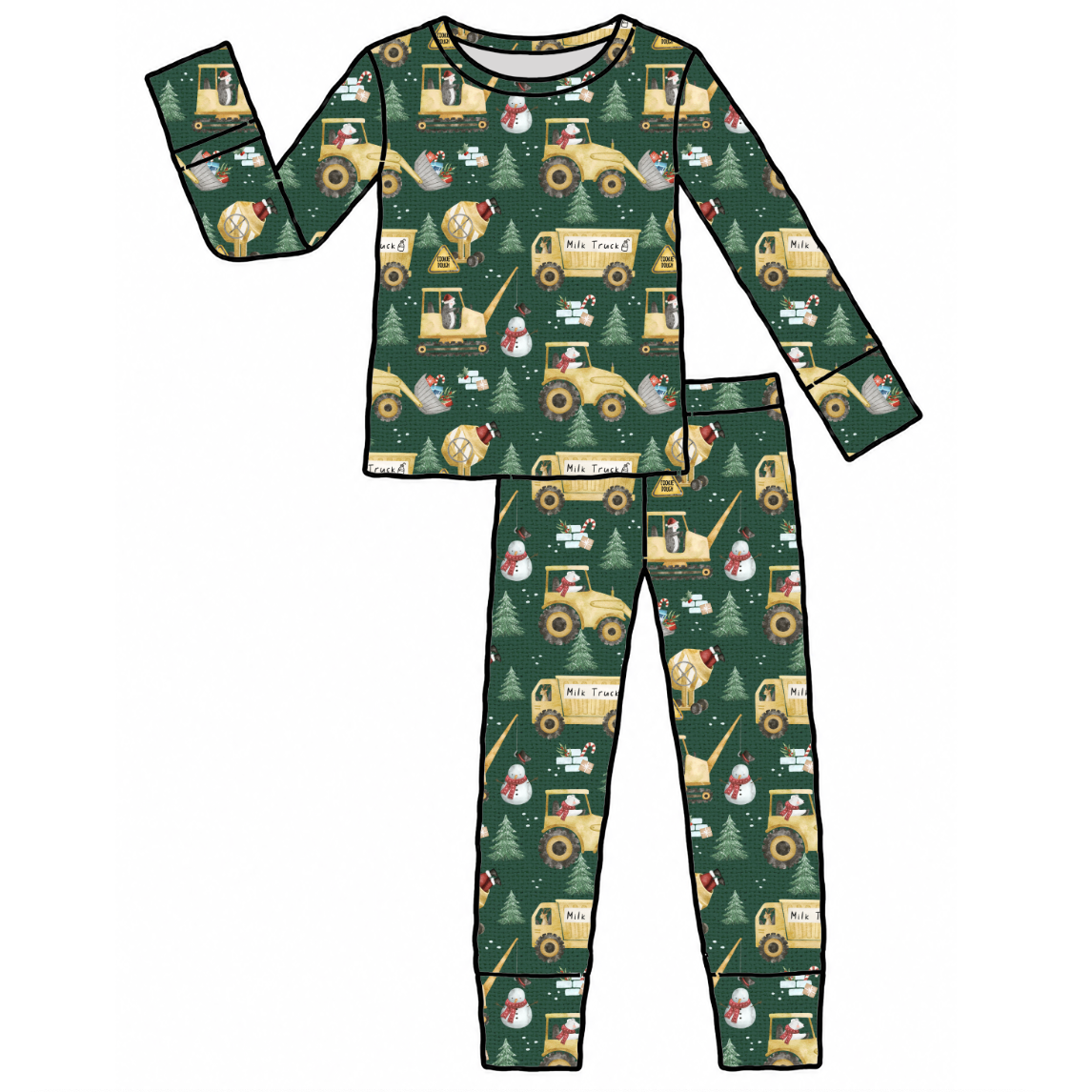 A two-piece long-sleeve pajama set with a dark green holiday construction theme print, featuring yellow construction vehicles, snowmen, and Christmas trees, shown on a plain white background.