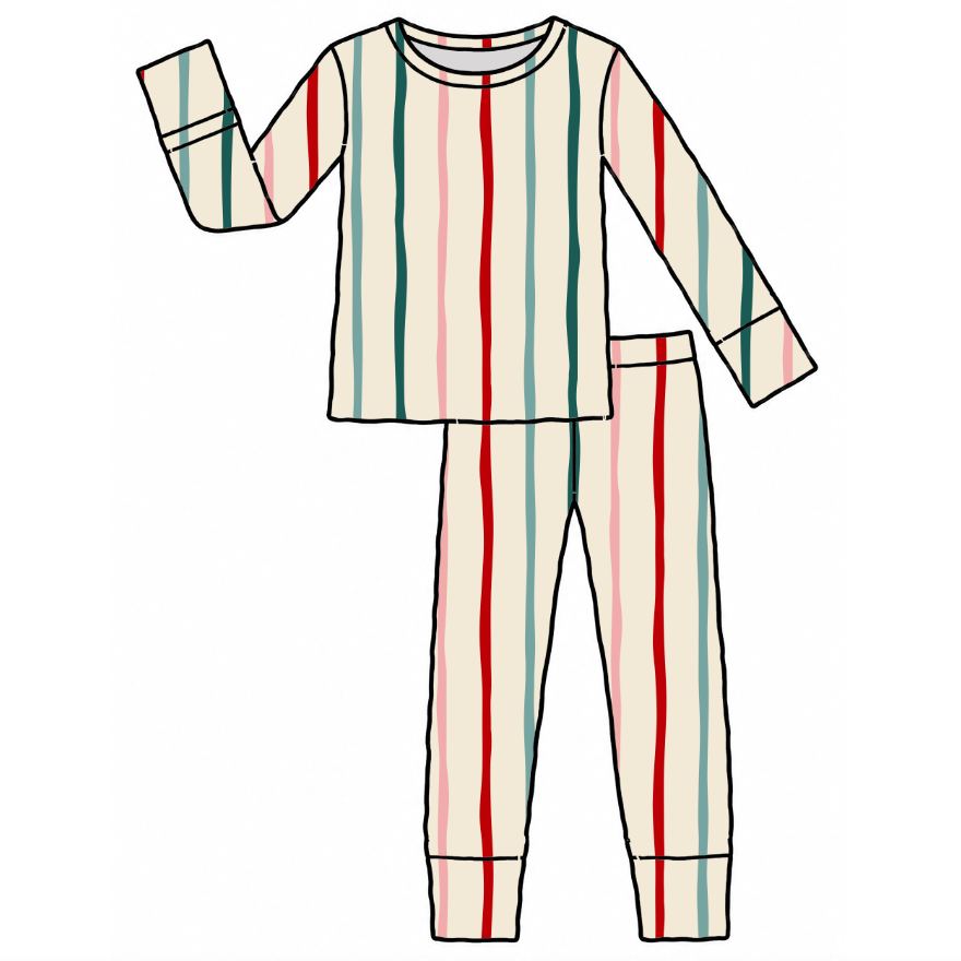 A two-piece pajama set illustrated on a plain white background, featuring a long-sleeve top and matching pants with vertical stripes in red, teal green, and light blue on an off-white base.
