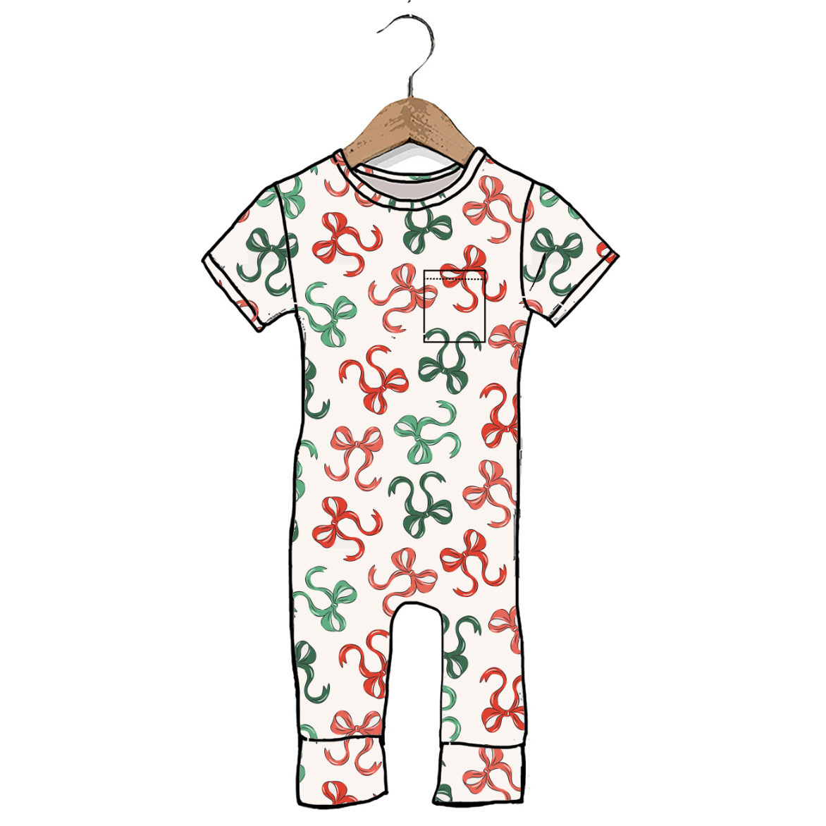 A baby romper with an all-over festive pattern of red and green snow globes on a cream background, hanging on a wooden hanger against a plain white background.