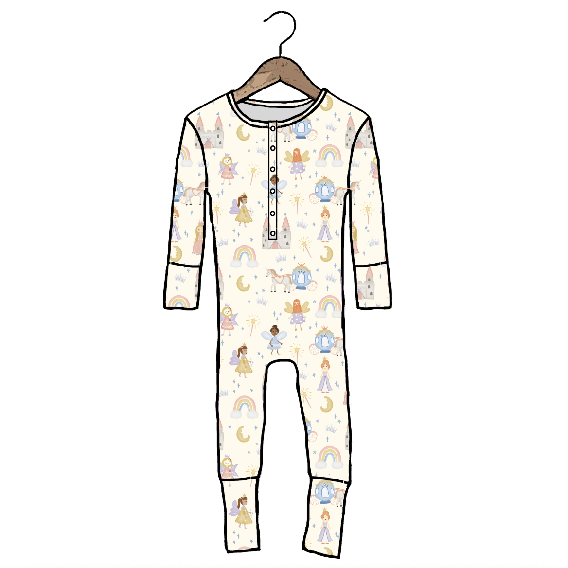 A long-sleeve baby jumpsuit with a whimsical fairy and rainbow print on a cream background, hanging on a wooden hanger against a plain white background.