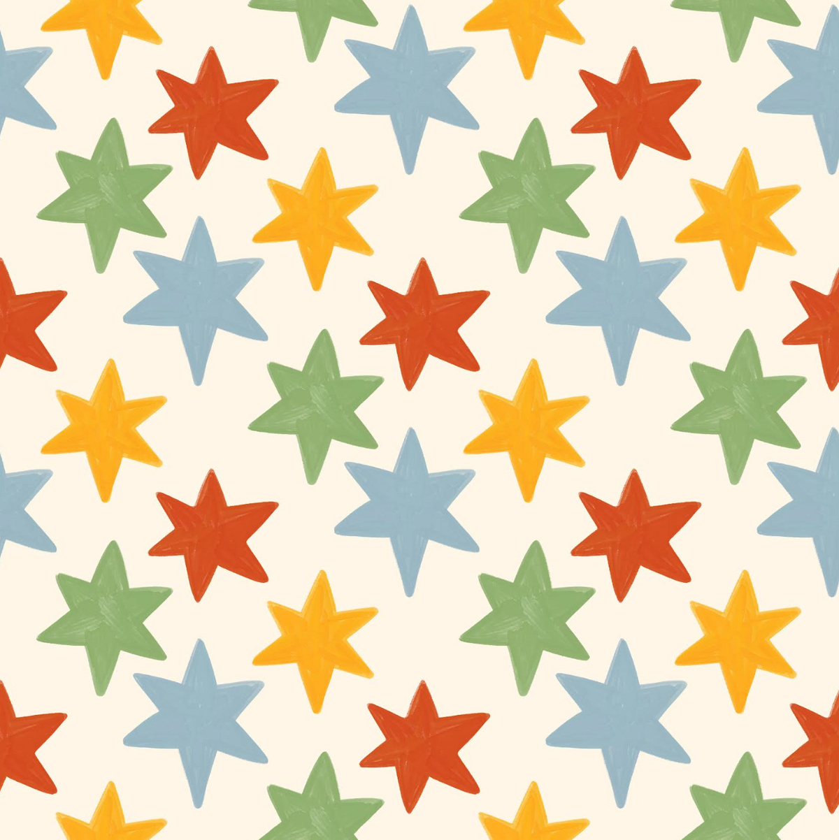 A repeating pattern of hand-drawn five-pointed stars in orange, light blue, green, and yellow on a warm cream background.