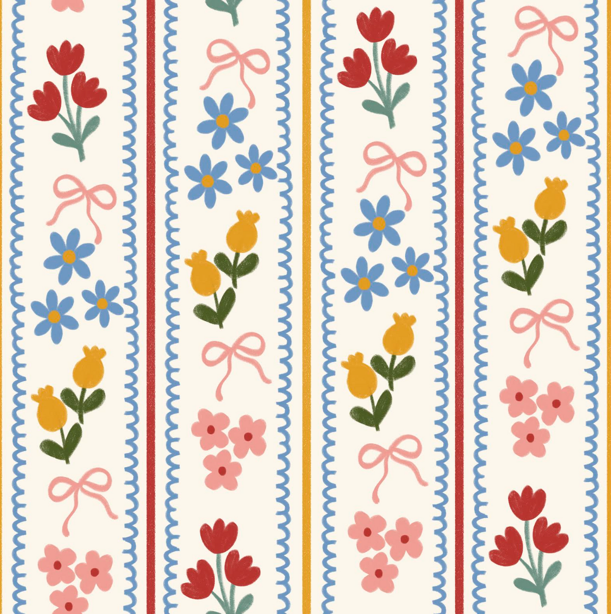 A repeating vertical pattern featuring stylized floral motifs in red, blue, yellow, and pink on a warm cream background, with decorative wavy blue borders and pink bows.