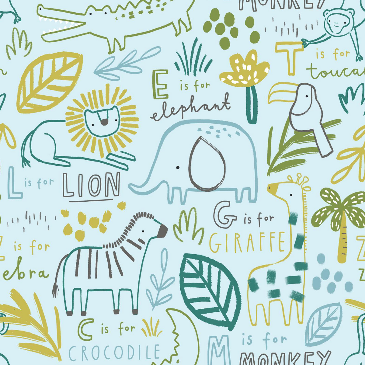 A repeating children's safari-themed pattern on a light blue background, featuring hand-drawn animals and words such as lion, elephant, zebra, giraffe, monkey, crocodile, and leaves in muted teal, olive green, mustard yellow, and gray with text like 'LION', 'ELEPHANT', and 'ZEBRA'.