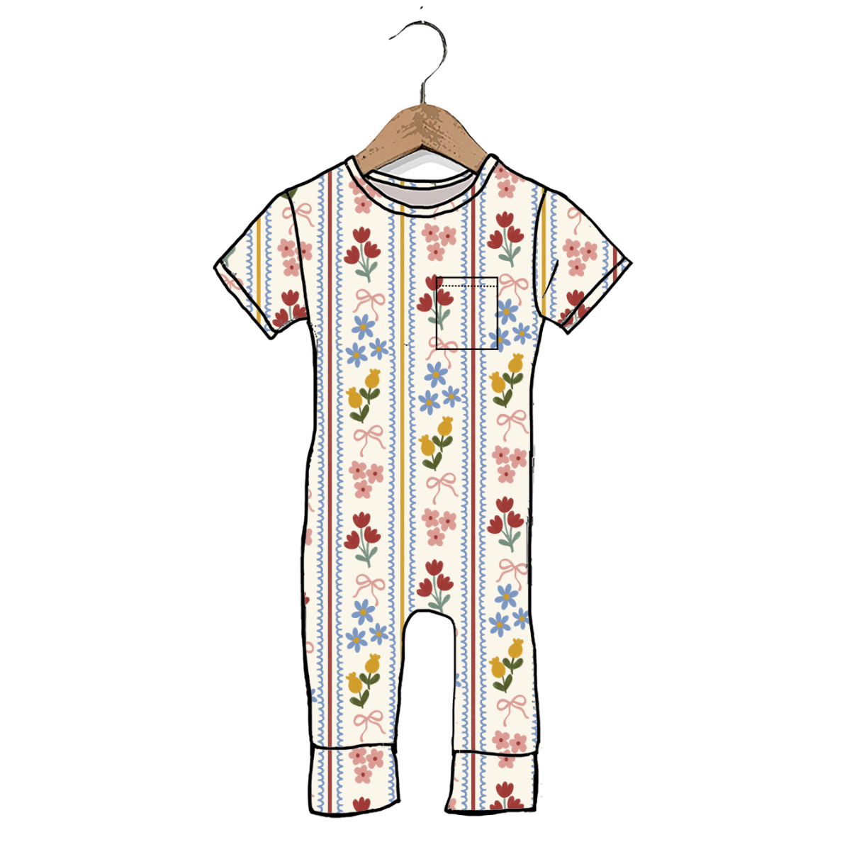 A short-sleeve baby jumpsuit with a colorful floral and bow pattern, hanging on a wooden hanger against a plain white background.