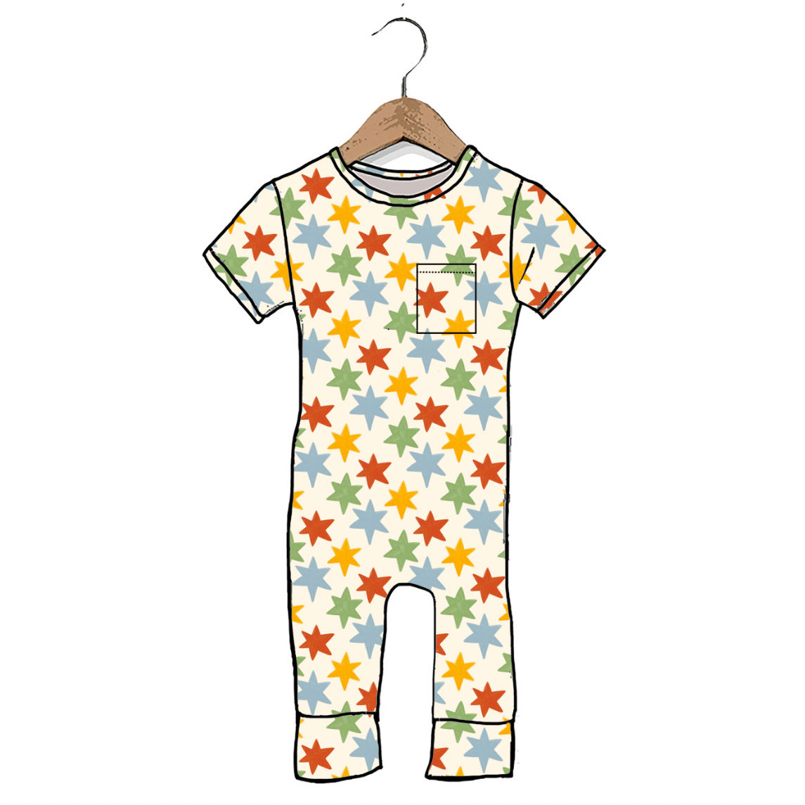 A baby one-piece jumpsuit with a colorful star pattern, hanging on a wooden hanger against a plain white background.