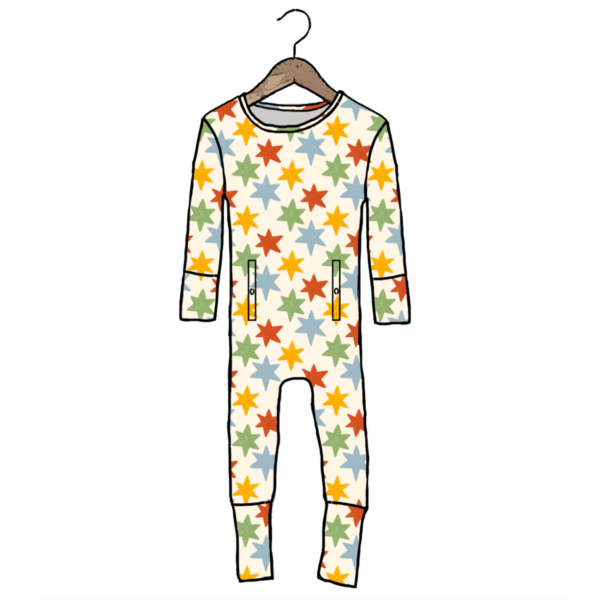 A long-sleeve one-piece baby jumpsuit with an all-over colorful star pattern, shown hanging on a wooden hanger against a plain white background.