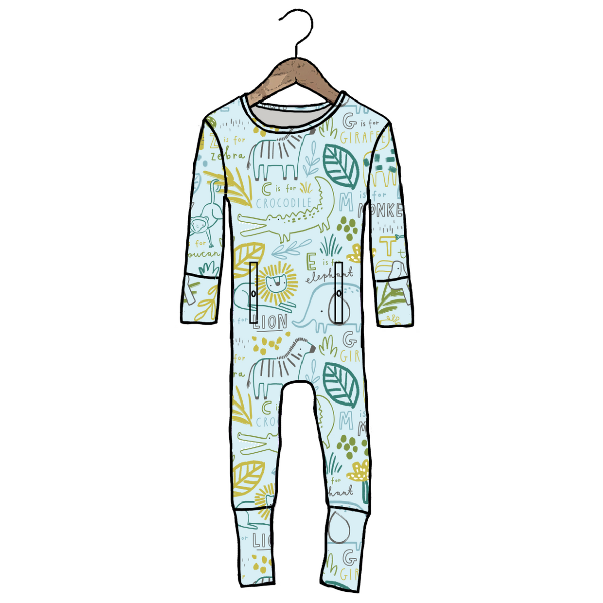 A baby long-sleeve footless one-piece jumpsuit with an all-over safari-themed illustration print, hanging on a wooden hanger against a plain white background.