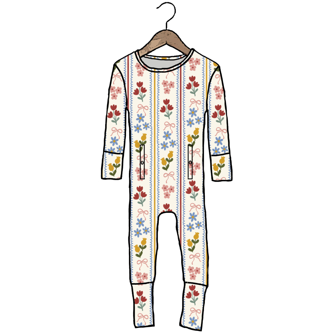 A long-sleeve footless one-piece jumpsuit with a colorful vertical stripe pattern and floral motifs, shown hanging on a wooden hanger against a plain white background.
