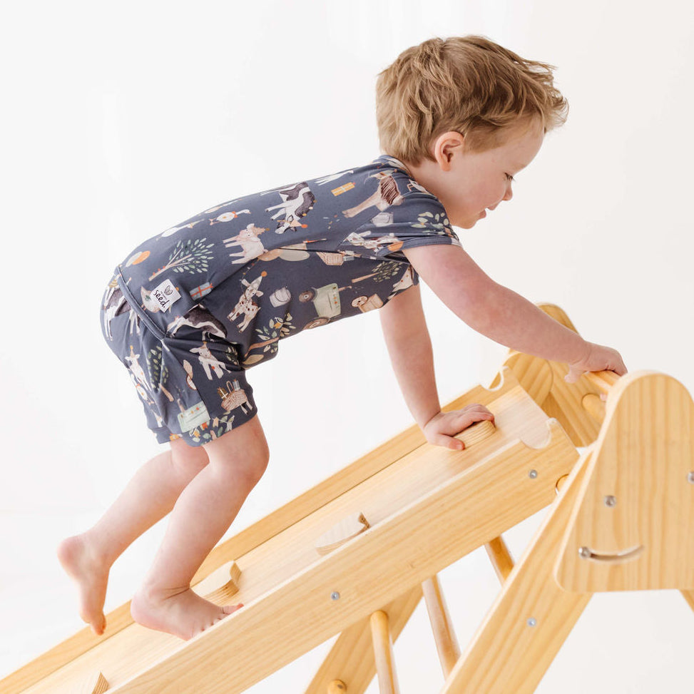 Child climbing a wooden slide on a white background