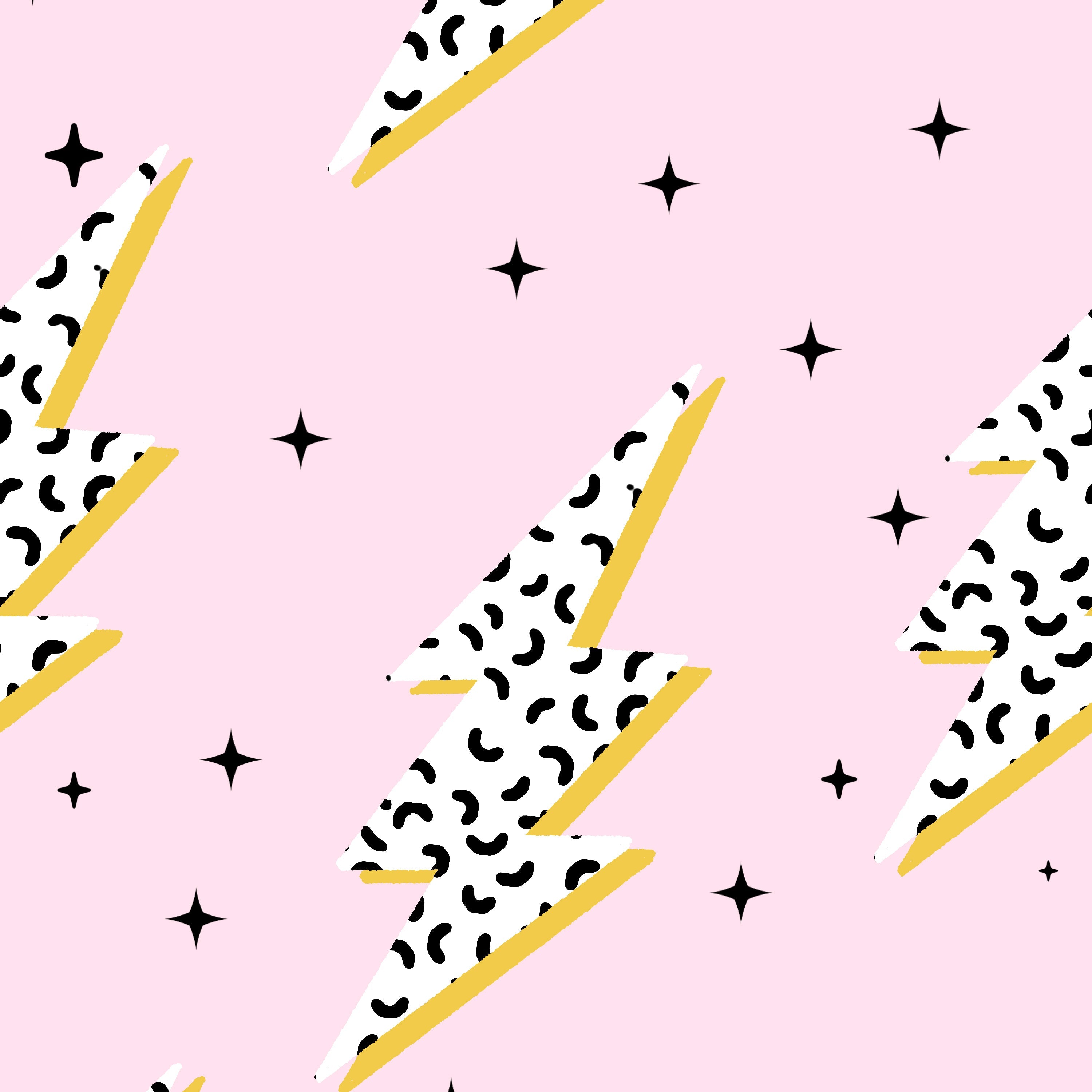Pattern of lightning bolts with black dot and star shapes on a pink background