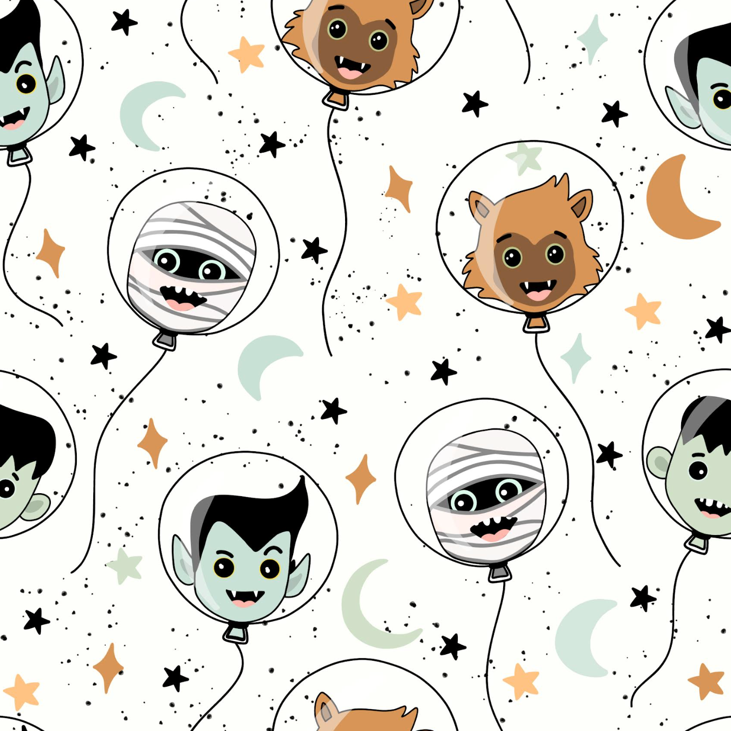 A repeating Halloween-themed pattern featuring cartoon vampire, mummy, werewolf, and ghost faces inside floating balloons, with black stars, pale green crescent moons, and small tan stars on a white background.