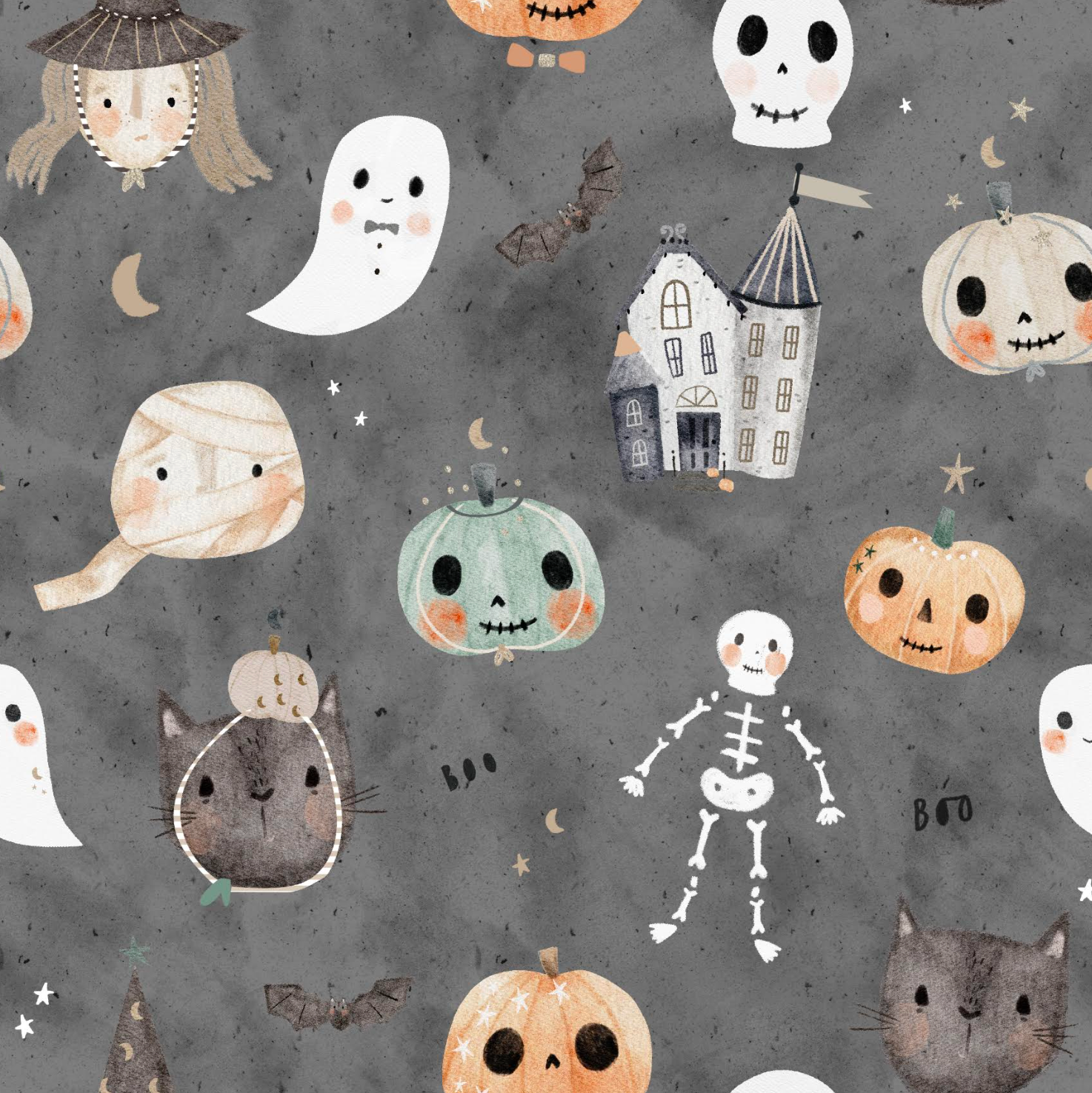 Halloween-themed watercolor pattern on a dark gray background, featuring cartoon ghosts, pumpkins, a skeleton, a haunted house, bandages, a cat in a pumpkin headband, and small stars and moons.