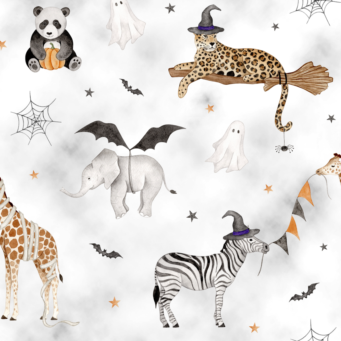 A whimsical Halloween-themed animal pattern on a white and light gray marbled background, featuring a panda, leopard on a broom, elephant, zebra, giraffe, ghosts, bats, spiderwebs, and orange stars.