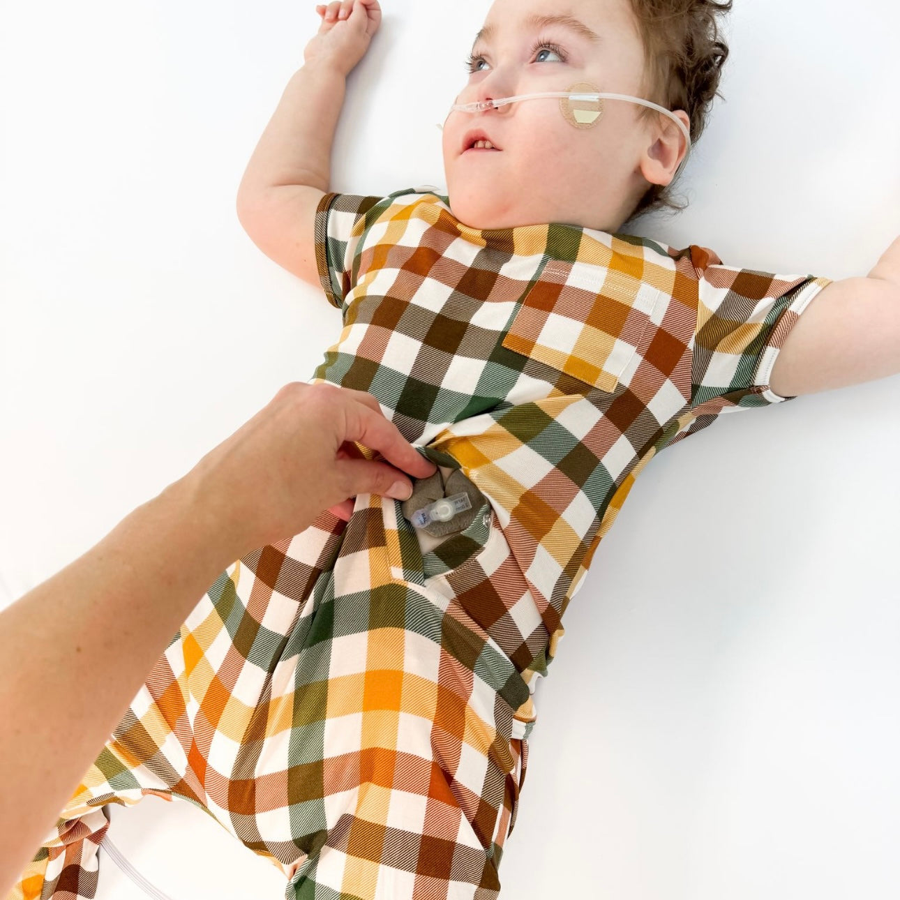 Autumn Plaid Adaptive Tube Access Short Long Romper