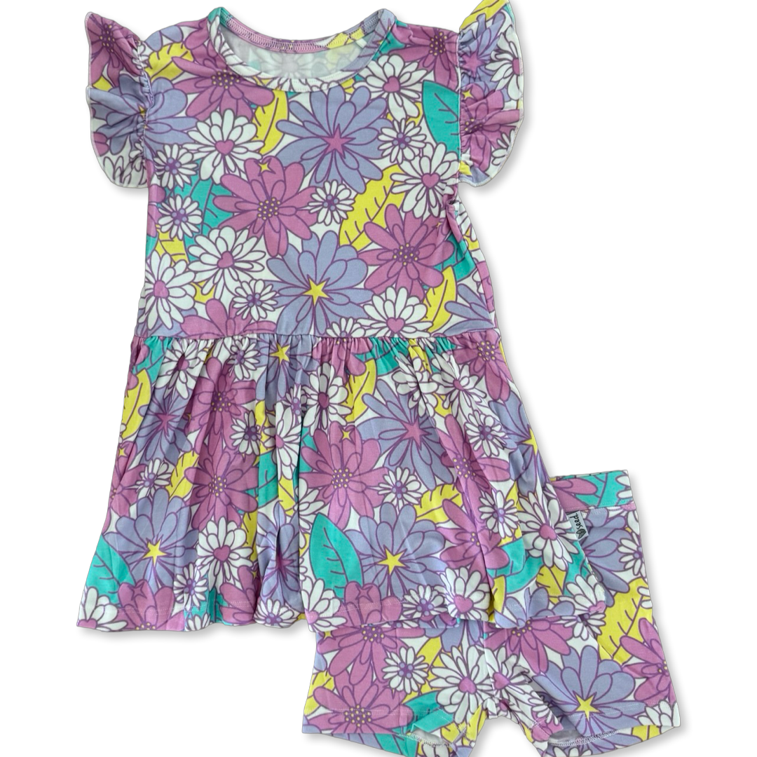 Floral dress with ruffled sleeves on a white background