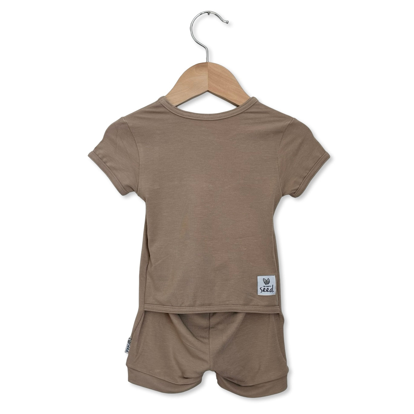 Brown children's t-shirt and shorts set on a hanger with a white background