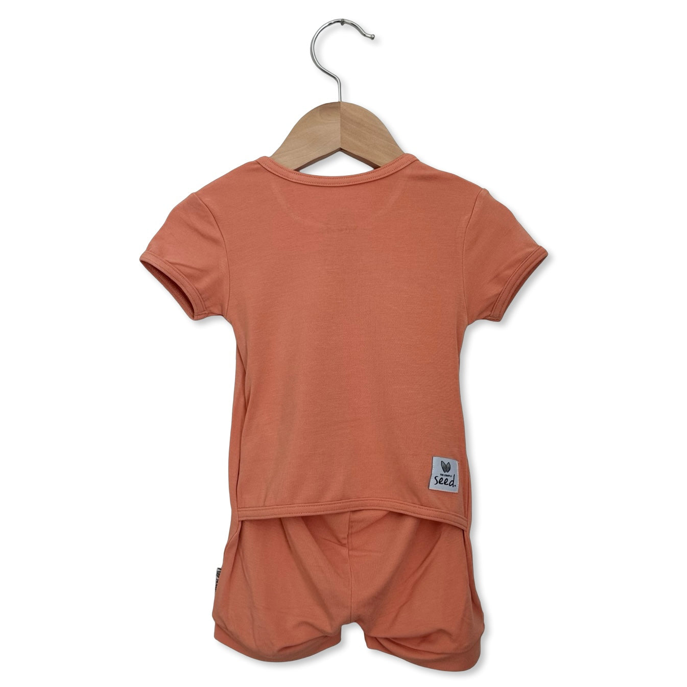 Children's outfit with t-shirt and shorts on a hanger against a white background