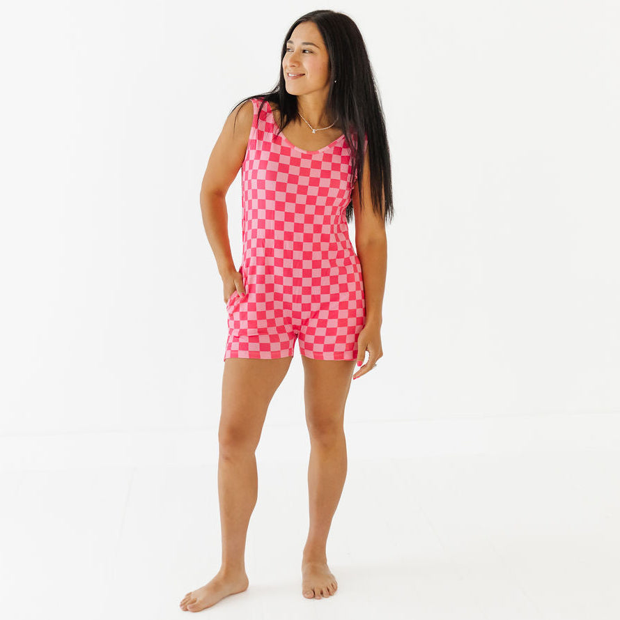 Bubble Gum Check Adult Sleeveless Shorty Romper