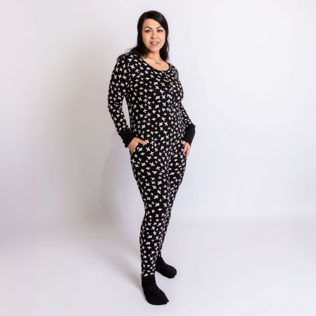 X Marks the Spot Black At Your Leisure Snap Down Adult Romper