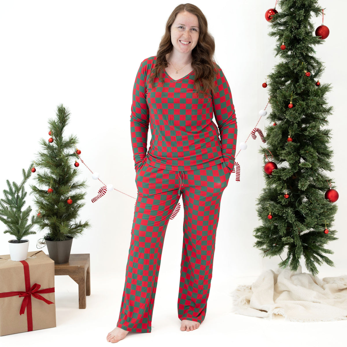 Merry Checkmas Women's Long Sleeve Two-Piece Set Luxe Edition | Cotton Bamboo Blend