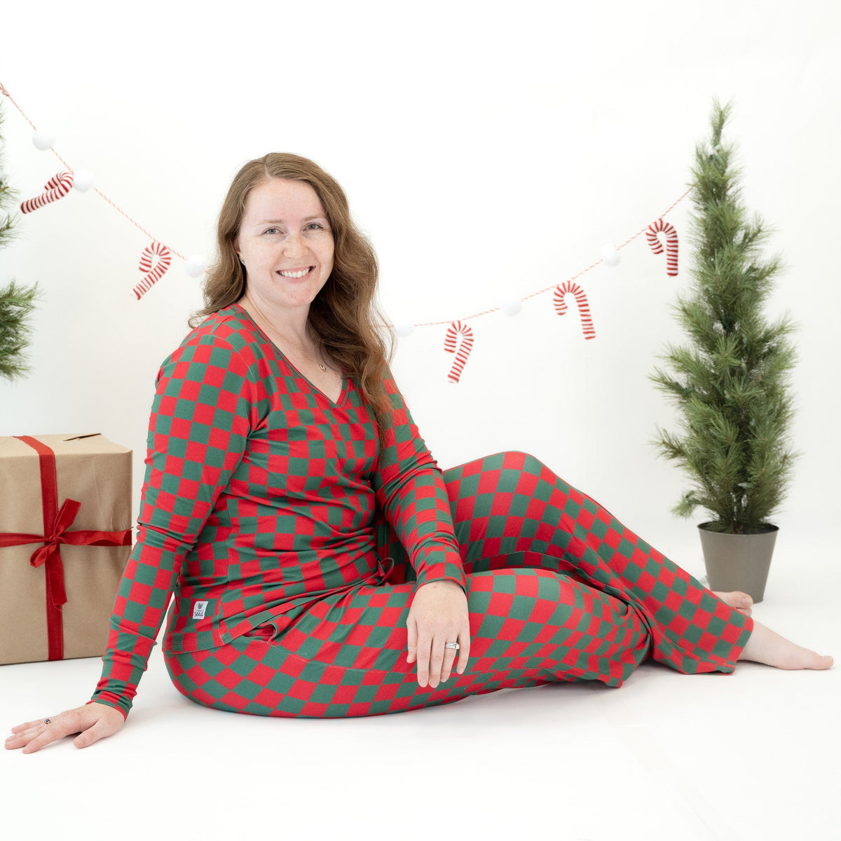 Merry Checkmas Women's Long Sleeve Two-Piece Set Luxe Edition | Cotton Bamboo Blend