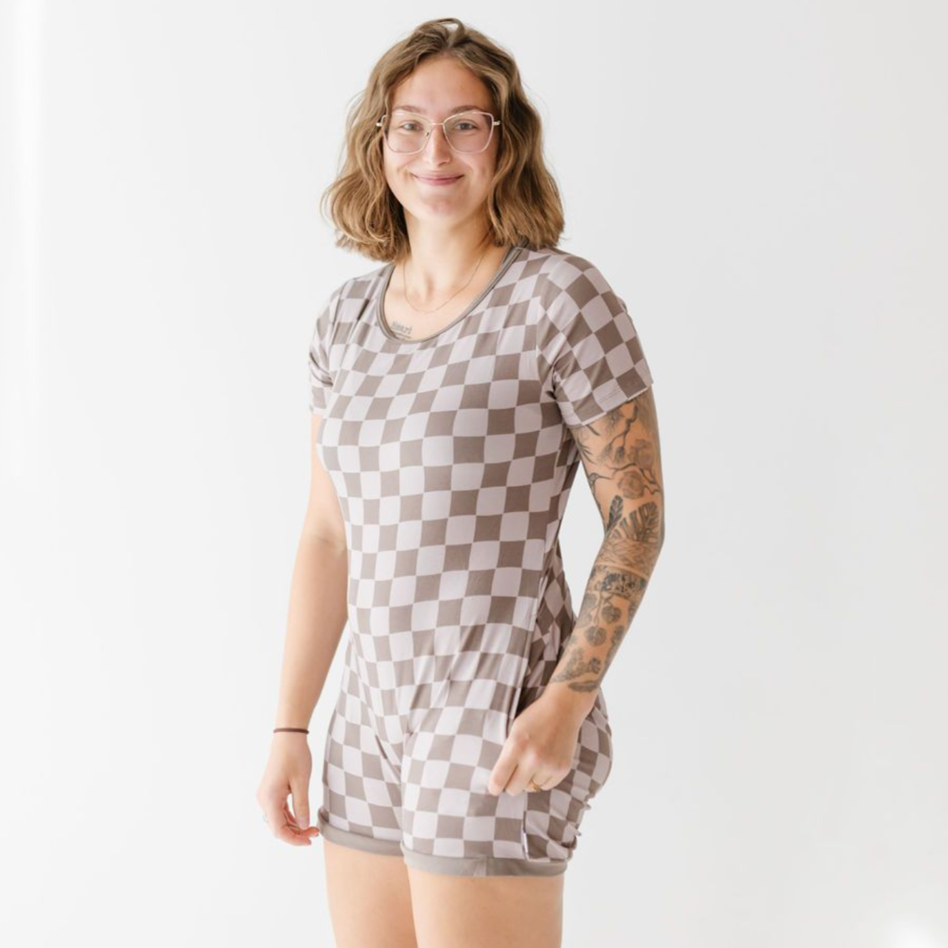 Cocoa Check Adult Shorty Romper