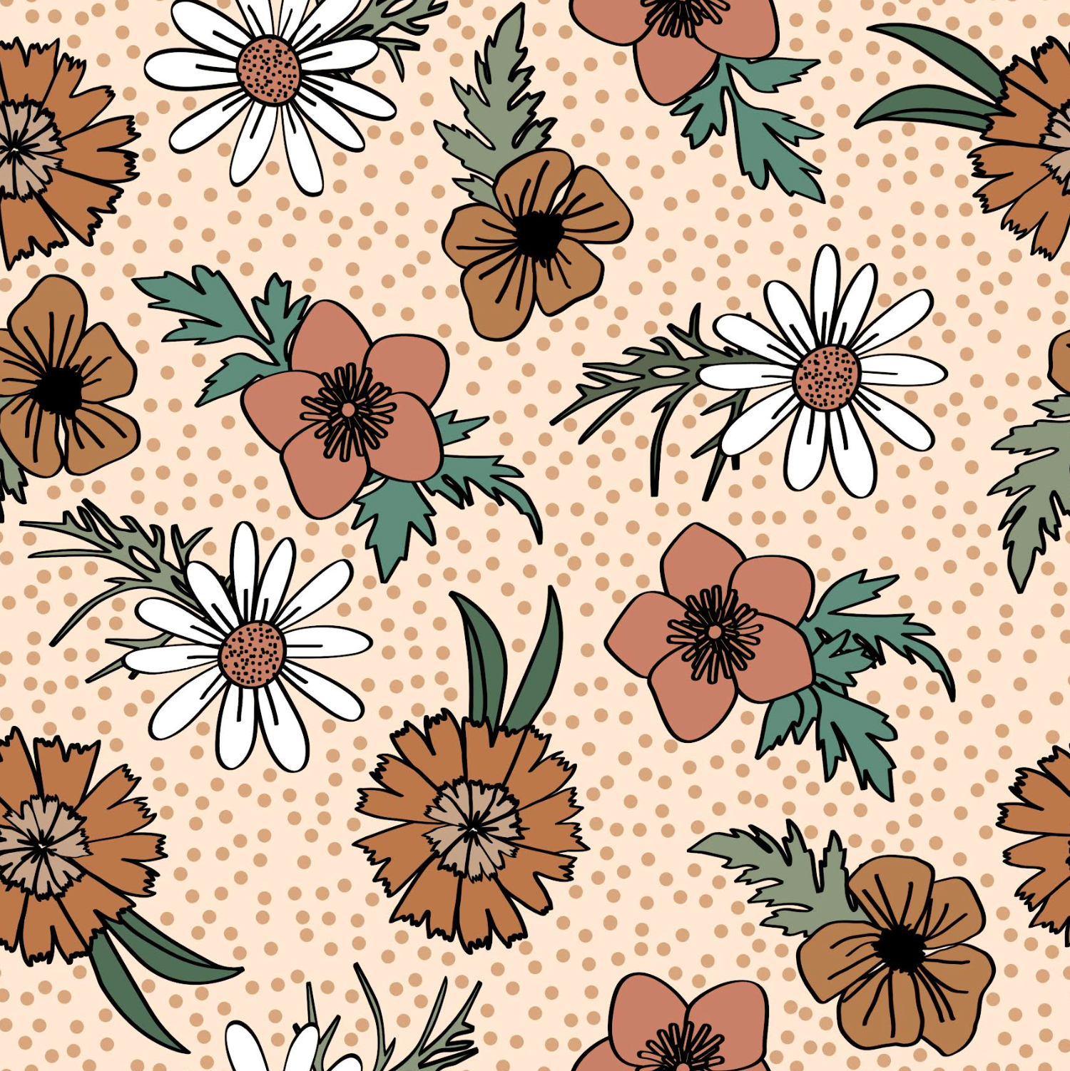 Floral pattern with brown, green, and white flowers on a beige background