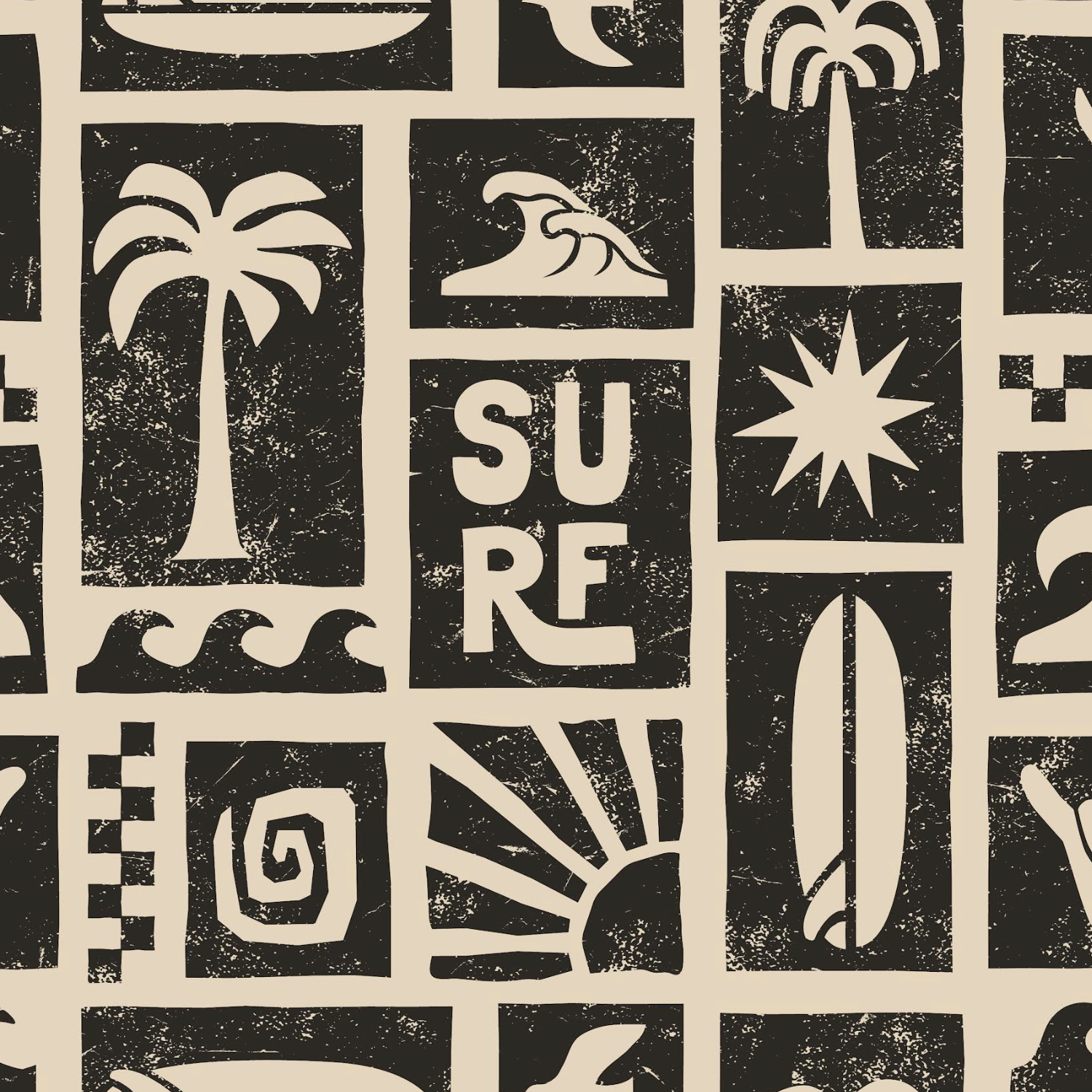 Pattern with surf-themed icons including palm trees, waves, and surfboards on a beige background.