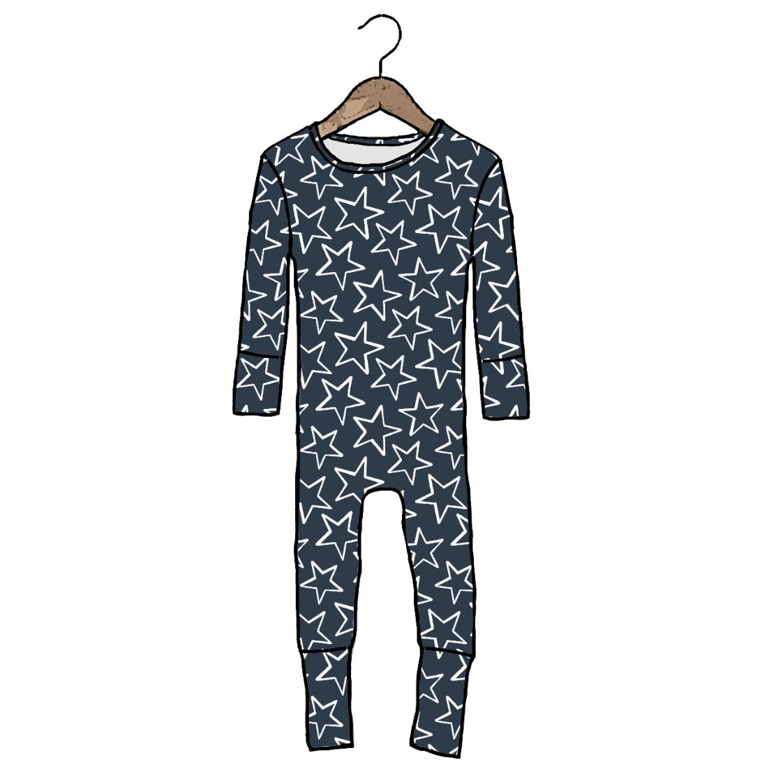 Navy blue onesie with star pattern on a hanger against a white background