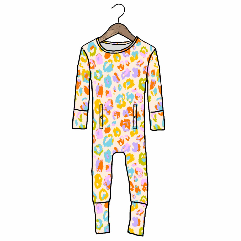 Colorful animal print onesie on a hanger against a white background