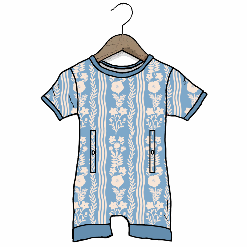 Blue baby romper with floral pattern on a hanger against a white background
