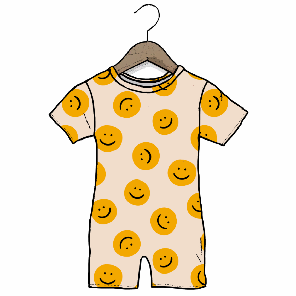 Beige baby romper with yellow smiley face patterns on a hanger against a white background