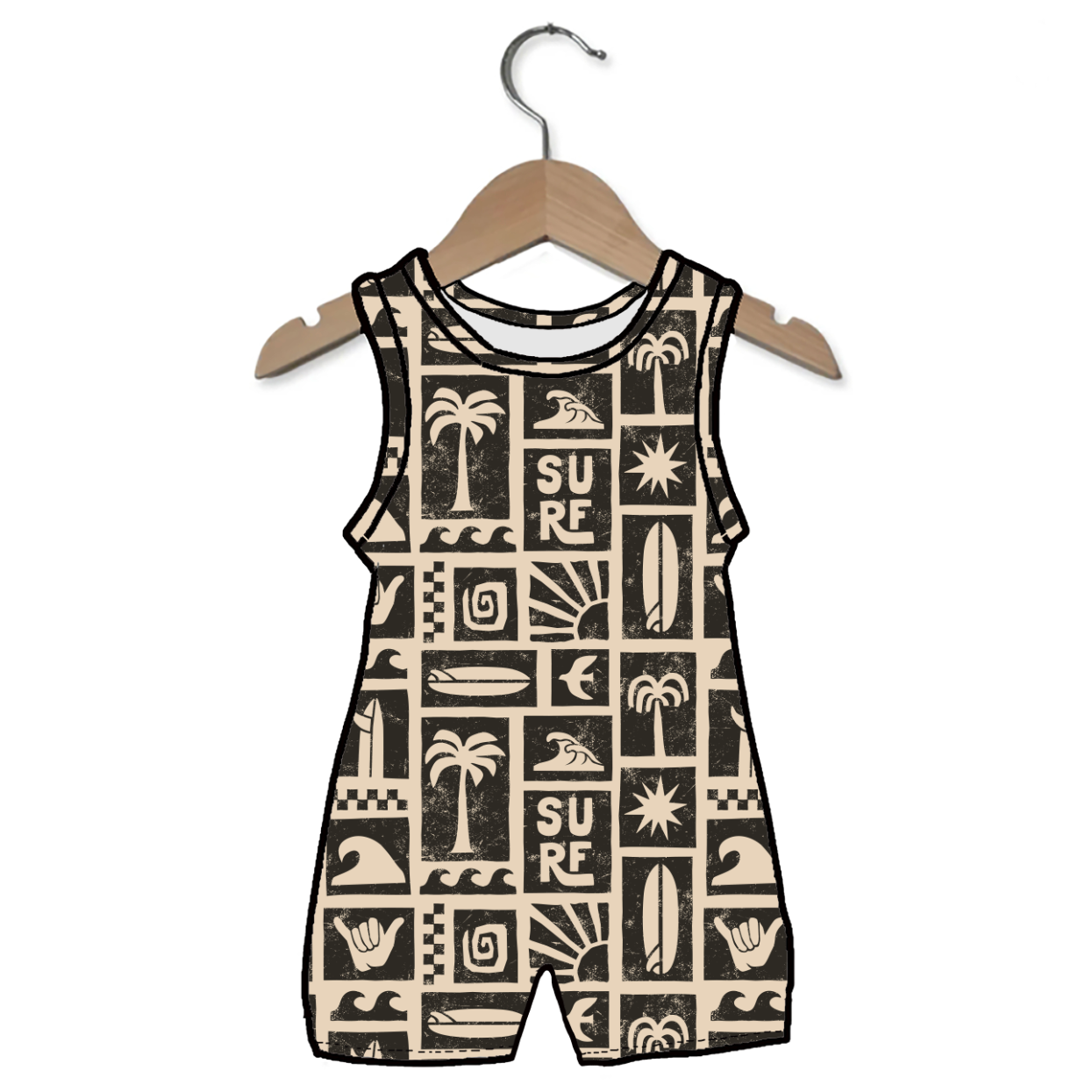 Children's sleeveless romper with surf-themed patterns on a hanger against a white background