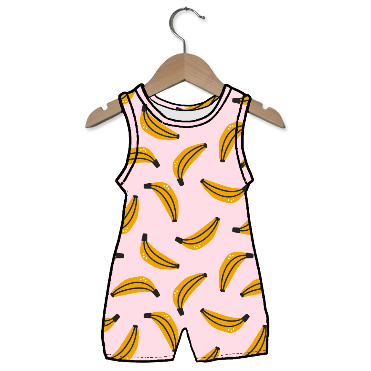 Children's sleeveless romper with banana pattern on a hanger against a white background