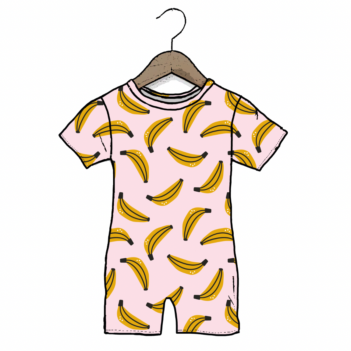 Children's onesie with banana pattern on a hanger against a white background