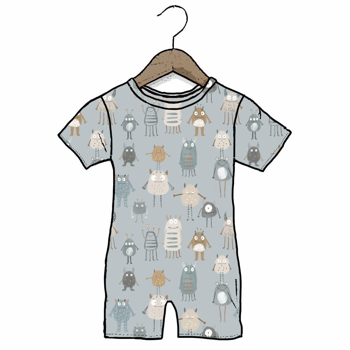 Children's romper with cartoon character pattern on a hanger against a white background