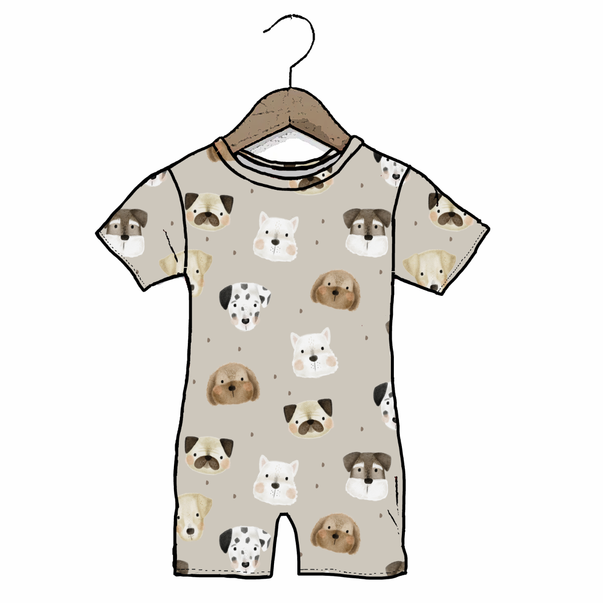 Children's romper with dog pattern on a hanger against a white background